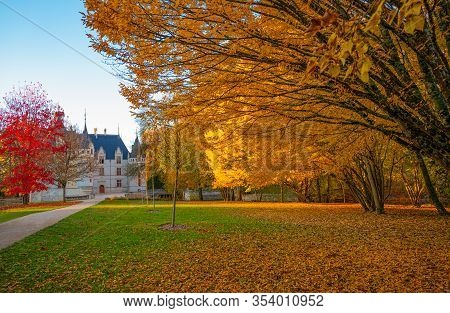 Azay Le Rideau, France - November 13, 2018: The Azay Castle Seen From The Garden