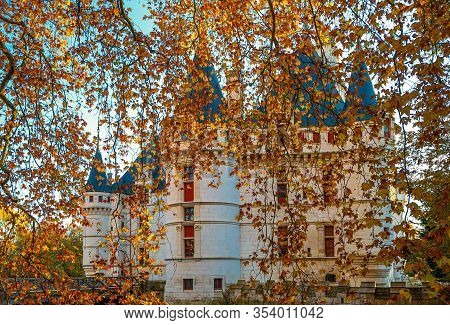 Azay Le Rideau, France - November 13, 2018: The Azay Castle Seen From The Garden