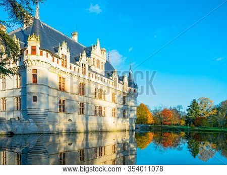 Azay Le Rideau, France - November 13, 2018: The Azay Castle Reflected On The Pond