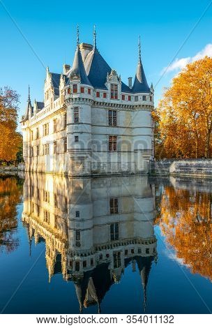 Azay Le Rideau, France - November 13, 2018: The Azay Castle Reflected On The Pond
