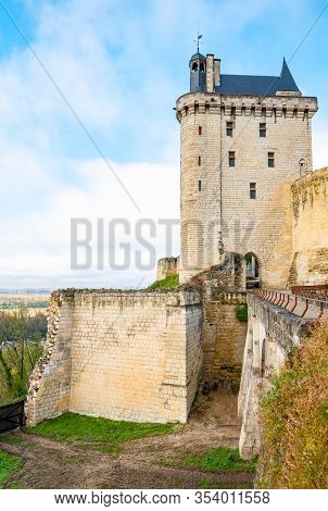 Chinon, France - November 13, 2019:  The Clock Tower Of The Royal Fortress