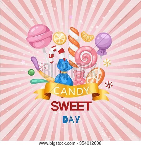 Candy Sweet Day Confectionery Retro Background With Lollipop, Caramel And Jelly Cartoon Vector Illus