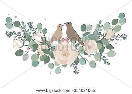 Floral Vector Round Frame Element With White Rose, Eucalyptus, Mixed Plants And Cute Small Robin Bir
