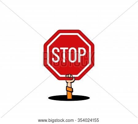 Hand Out Of The Pit Holds A Stop Sign. Vector Illustration.