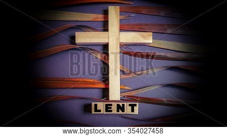 Lent Season,holy Week And Good Friday Concepts - Word Lent On Wooden Blocks With Wooden Cross