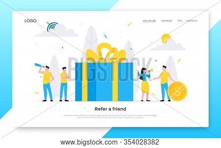 Refer A Friend Flat Style Design Vector Illustration Landing Page Concept. Woman With Megaphone And 