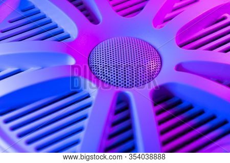 Colorful Lights Of Car Stereo And Car Speakers Background.  Car Music Audio Speaker In Blue And Pink
