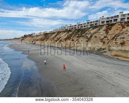 Aerial View Of Solana Beach And Cliff, California Coastal Beach With Blue Pacific Ocean. San Diego C
