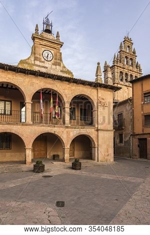 Main Square Of The Town Of Ayllon In The Province Of Segovia. Church Of Santa Maria And The Town Hal
