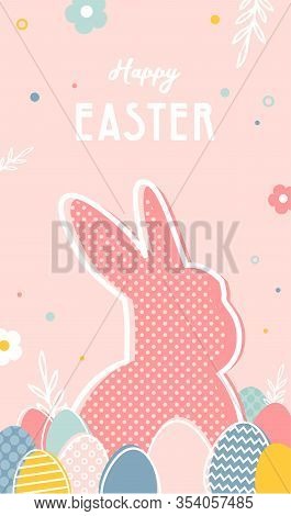Happy Easter. Greeting Cards Or Posters With Bunny, Spring Flowers And Easter Egg. Egg Hunt Poster T
