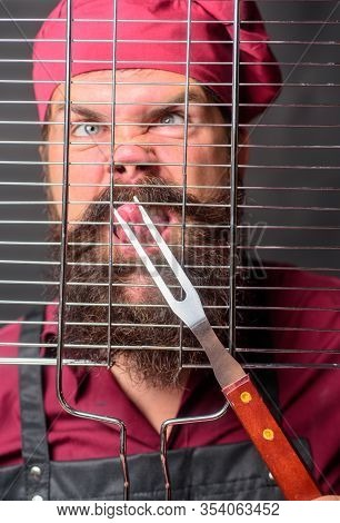 Chef Man With Bbq Cooking Tools. Grill Cook With Barbecue Grid. Bbq Party. Barbecue Accessories. Chi