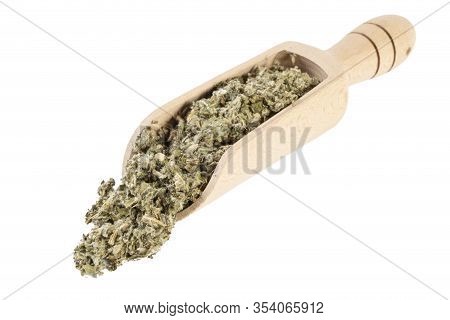 Dried Artichoke Leaves Or In Latin Cynarae Folium In Wooden Scoop Isolated On White Background. Medi