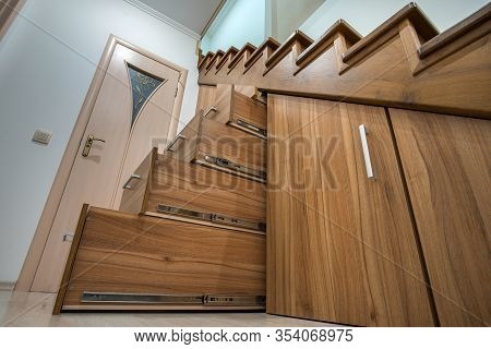 Modern Architecture Interior With Luxury Hallway With Glossy Wooden Stairs In Multi-storey House. Cu