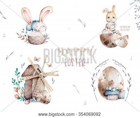 Hand Drawn Watercolor Happy Easter Watecolor Cute Baby Bunny With Lamp Sitting Intro Egg. Rabbit Boh