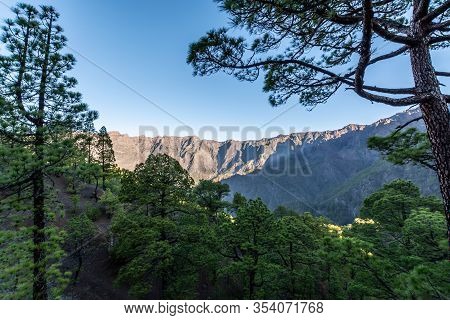 Scenic View On Caldera De Taburiente With Green Pine Forest, Ravines And Rocky Mountains Near Viewpo