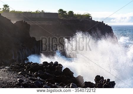 Dangerious Ocean Stormy Waves Hits Black Lava Rocks On La Palma Island, Canary, Spain, Bad Winter We