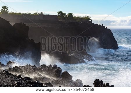 Dangerious Ocean Stormy Waves Hits Black Lava Rocks On La Palma Island, Canary, Spain, Bad Winter We