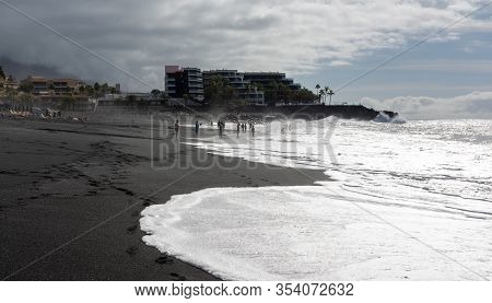 Black Lava Sand Beach In Puerto Naos, La Palma, Canarian Islands, Spain In Winter