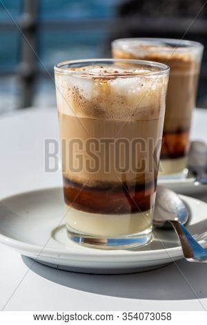 Special Coffee Of Canarian Islands In Spain, Sweet Barraquito Coffee With Layers And Alcohol Served 