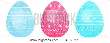 Watercolour Easter Eggs Of Different Colors With White Hdnd Drawn Doodles. Simple Doudle Elements On