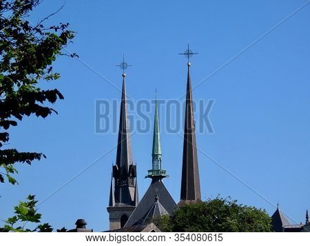 Cathedral Notre Dame Of Luxembourg View From Petrusse Park Side On An Early Spring Day
