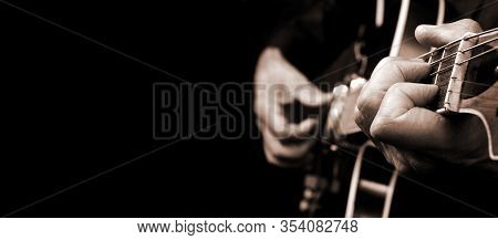 Guitarist Hands And Guitar Close Up. Playing Electric Guitar Black And White. Copy Space