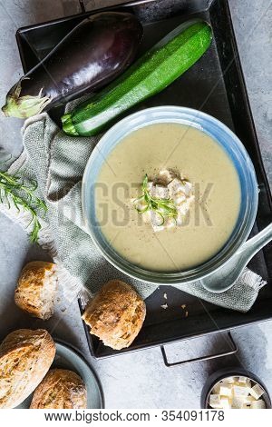 Creamy Eggplant And Zucchini Soup With Balkan Cheese