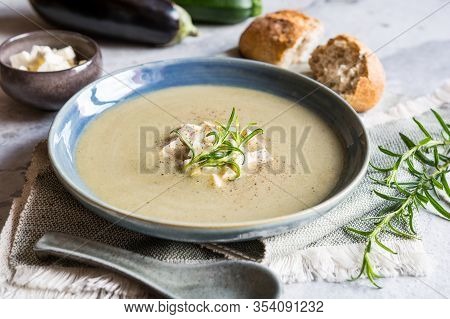 Creamy Eggplant And Zucchini Soup With Balkan Cheese