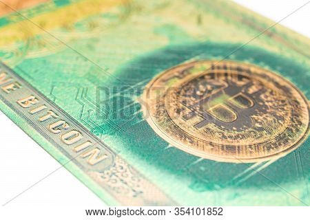 Bitcoin Mining Isolated On White Background. Gold Cryptocash. Litecoin, Ethereum Cryptocurrency Conc