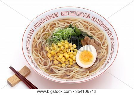 Japanese Soy Sauce Ramen Noodles In A Bowl On White Background