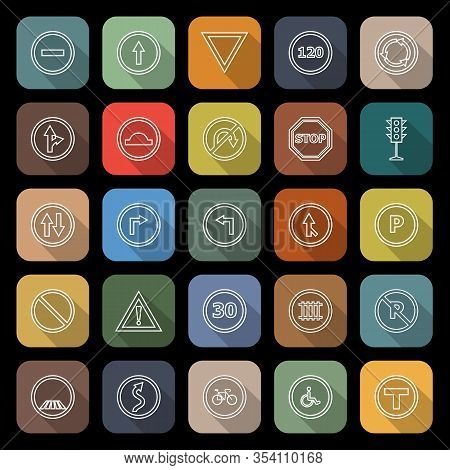 Road Sign Line Flat Icons With Long Shadow, Stock Vector