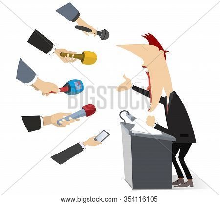Emotional Speech And Hands With Microphones Illustration. Politician Or Businessman Gives Informatio