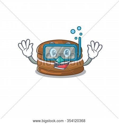 Cartoon Character Of Chocolate Macaron Wearing Diving Glasses