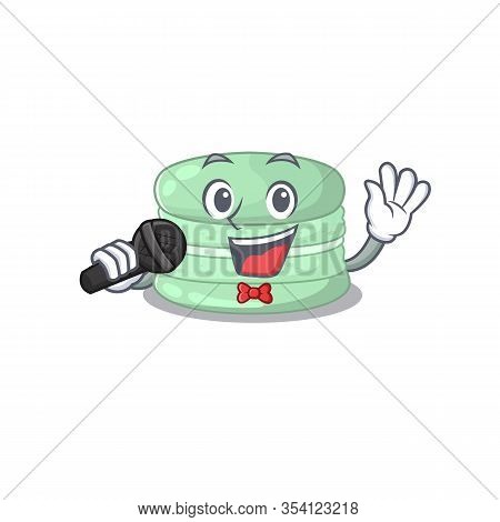 Happy Pistachio Macaron Singing On A Microphone