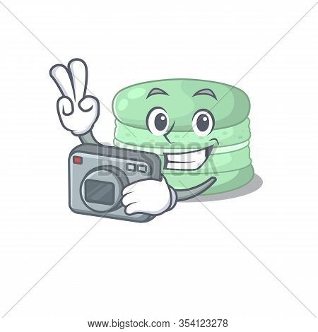 Cool Photographer Pistachio Macaron Character With A Camera