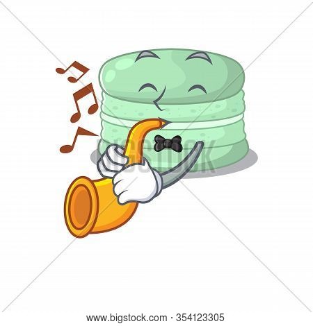 Mascot Design Concept Of Pistachio Macaron Playing A Trumpet