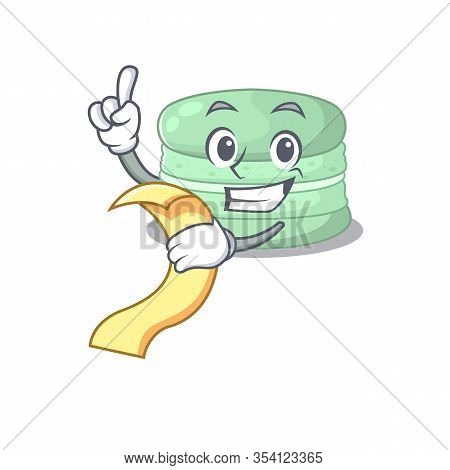 A Funny Cartoon Character Of Pistachio Macaron Holding A Menu
