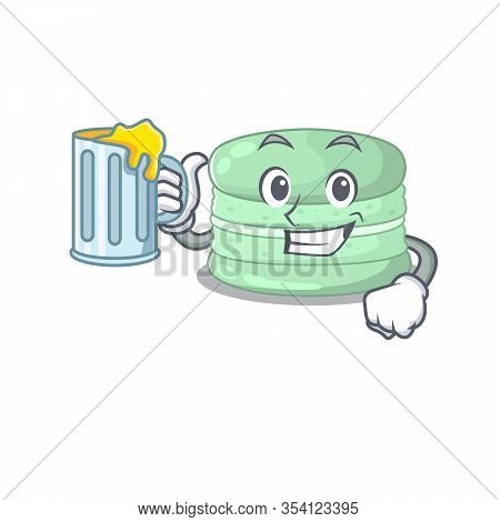 Smiley Pistachio Macaron Mascot Design With A Big Glass