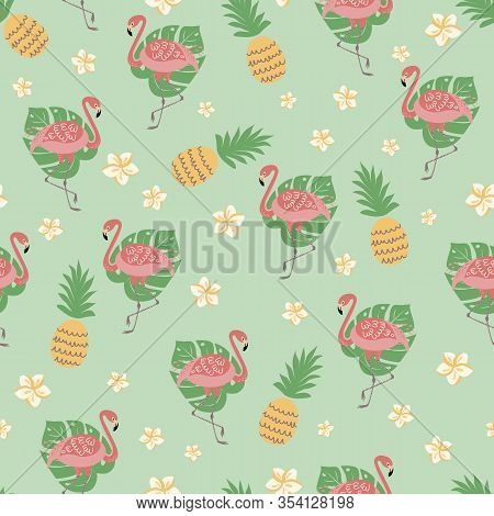 Flamingo Seamless Pattern Tropical Print Cute Pineapple Flowers On Green Mentol Background Vector