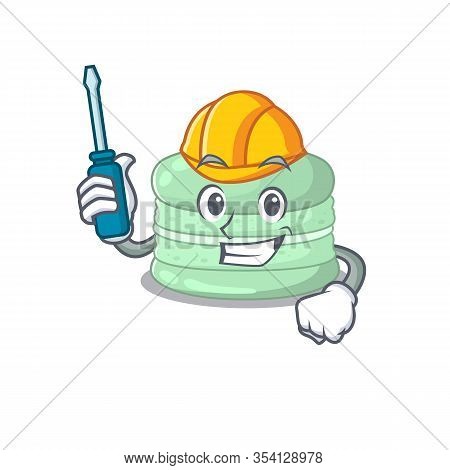 Cartoon Character Style Pistachio Macaron Working As An Automotive