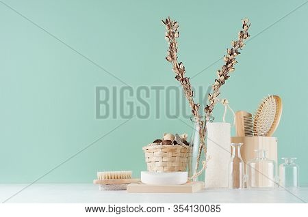 Traditional Bathroom Interior With Beige Accessories For Bath - Brush, Comb, Towel, Bath Sponge, Gla
