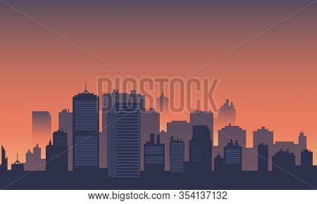 Urban Silhouette With Many Buildings Skycraper And Mall.
