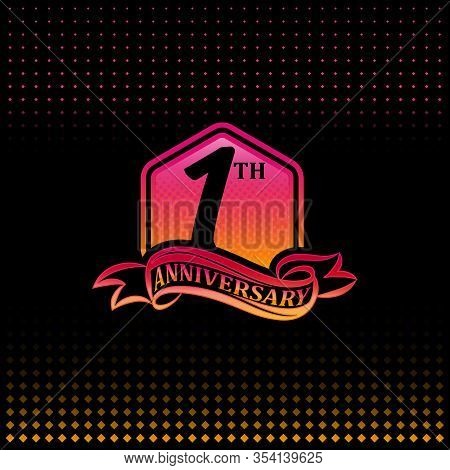 1th Anniversary Celebration Logotype Pink And Yellow Colored. One Years Birthday Logo On Black Backg