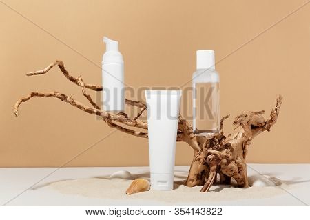 Plastic Beauty Products With Copy Space. Hand Cream, Moisturizing Lotion, Face Foam Or Spray. Unbran