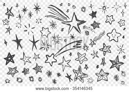 Various Hand Drawn Stars Set. Collection Of Black Doodle Scribble Stars. Pack Of Various Pen Or Penc