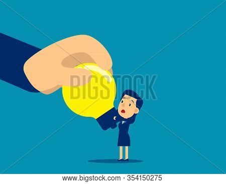 Big Hand Stealing Idea Light Bulb. Steal Idea Concept, Cute Flat Cartoon Vector Illustration