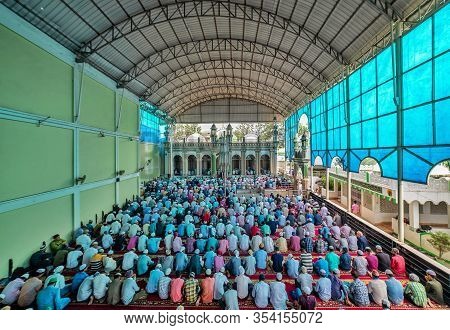 Kathmandu, Nepal - August 9 2019: Asian Muslim People Offering Prayer At A Mosque.