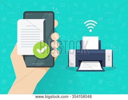 Printer Printing Document Wirelessly From Mobile Phone Or Smartphone Wifi Connection Vector Flat Car