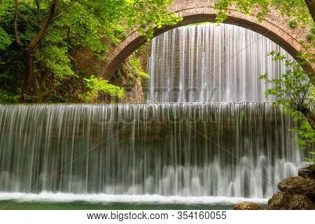 Stunning Spring Landscape.paleokarya, Old, Stone, Arched Bridge, Between Two Waterfalls. Trikala Pre