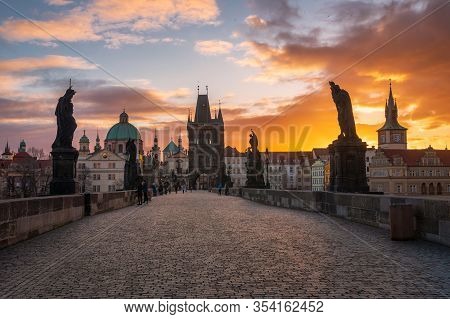Spectacular, Colorful Sunrise Over Charles Bridge In Prague. Bright Sky And Moody Light Creates Mood